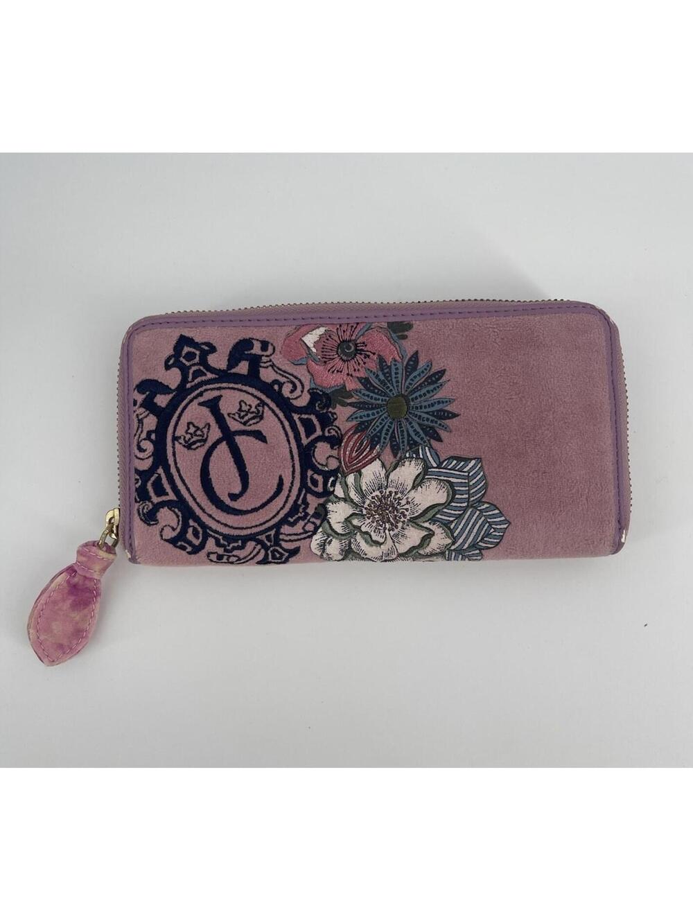 Juicy Couture Pink Velour Wallet Floral Zip Around Clutch